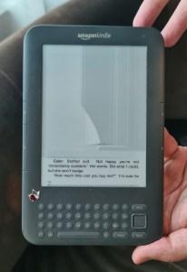 Front of a kindle with screen damage so that only the bottom few lines of writing are readable