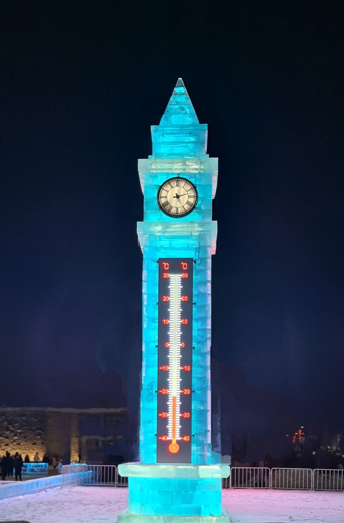Ice clock showing the time and the temperature of -22C